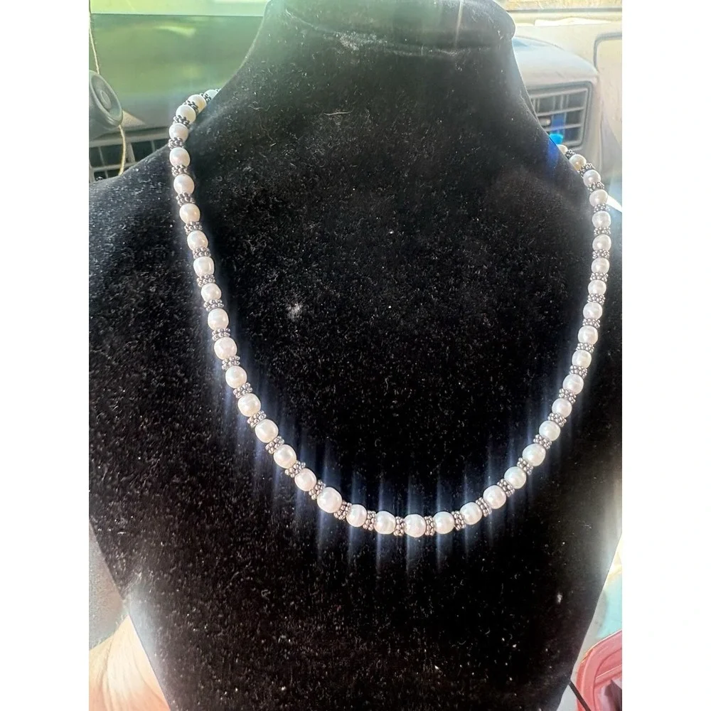 Handmade Rice Pearl Sterling Silver Beaded Necklace Toggle Clasp White Artisan